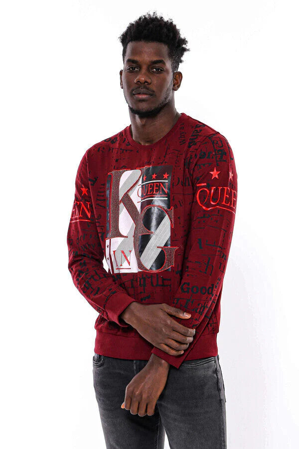WSS Burgundy Patterned Slim Fit Men Sweatshirt - Jeffersonville